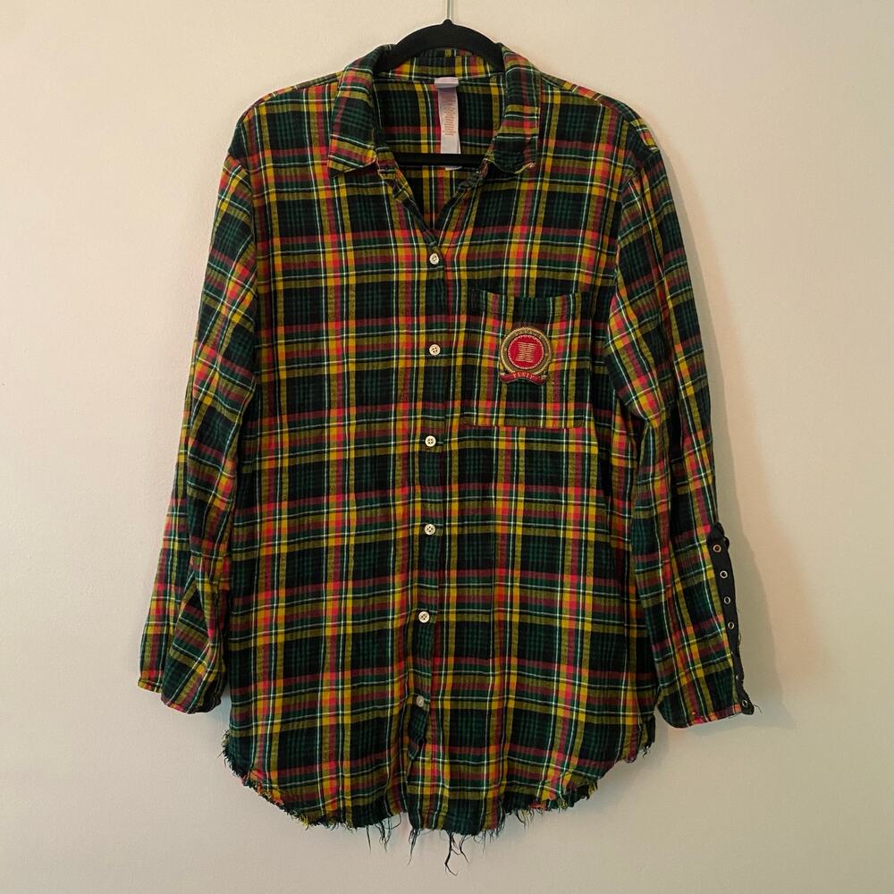 Savage X Fenty Distressed Flannel Shirt Green Pink Sleep Top Women's size Large - Picture 2 of 10